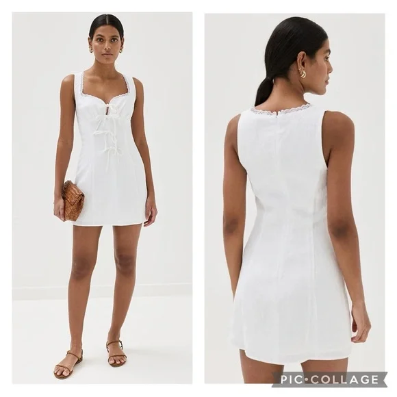 Reformation 2 Reia White Linen Mini Dress Lace Trim Reformation 2 Reia White Linen Mini Dress Lace Trim